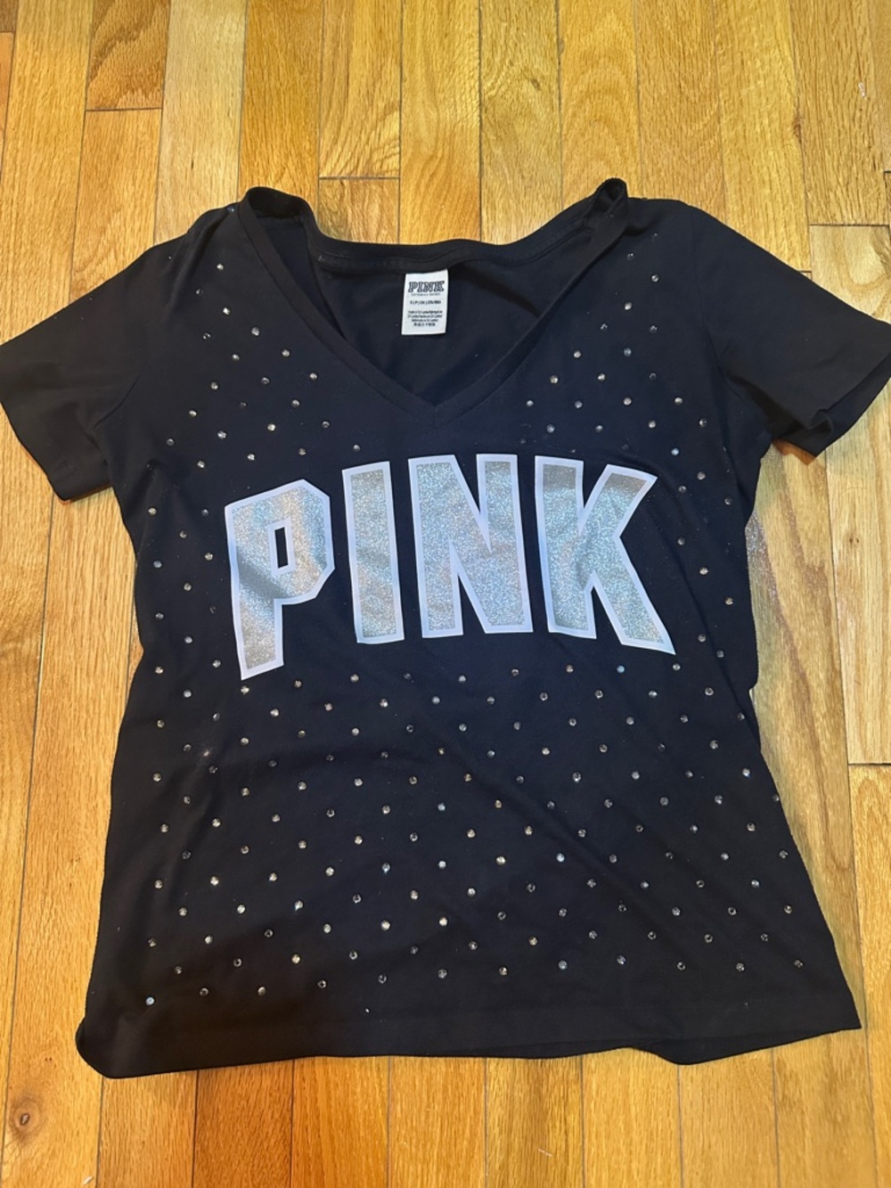 PINK Victoria's Secret Black V-Neck Tee with Glitter Logo and crystals